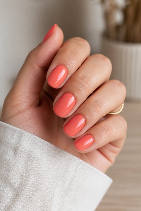 glossy coral summer manicure