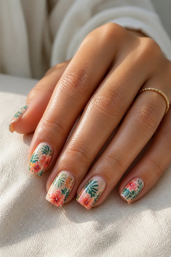 tropical florals on square nails