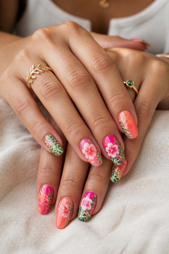 vibrant tropical floral nails