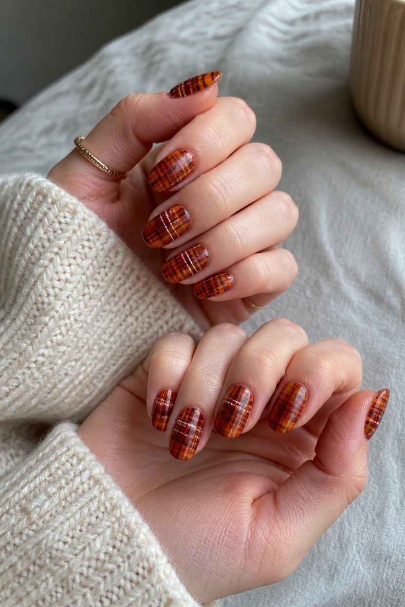autumn ombr plaid nails