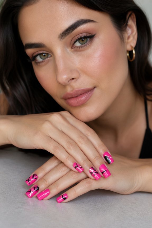 bold geometric hot pink nails