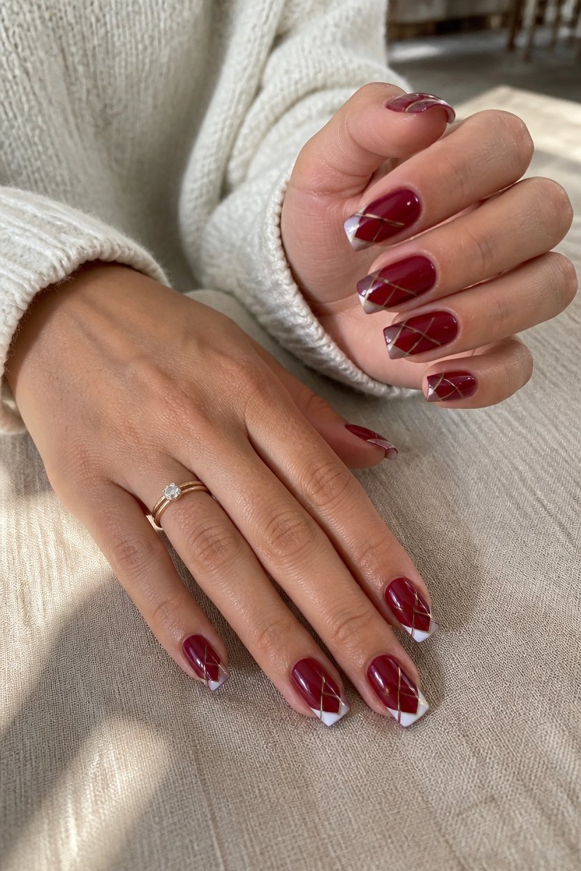 burgundy geometric french tips