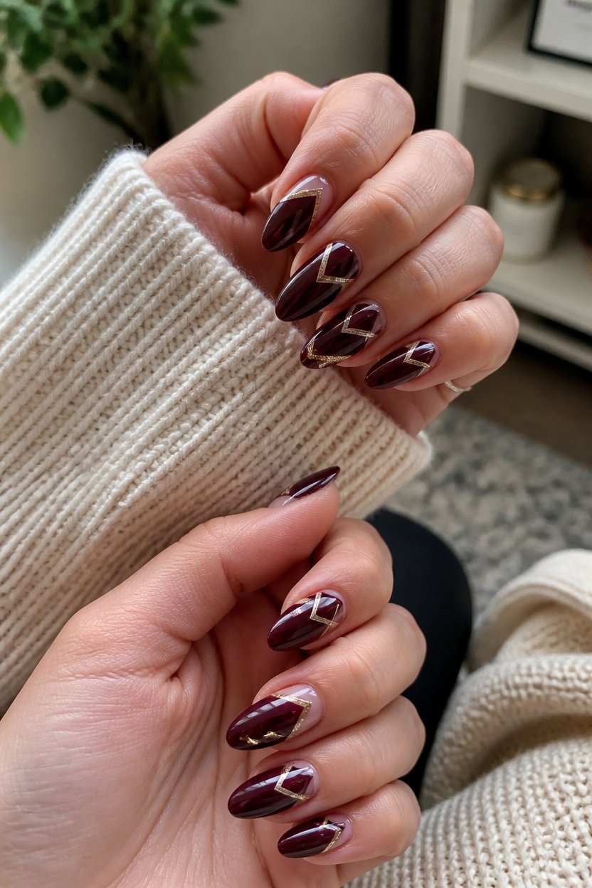 burgundy geometric nail art