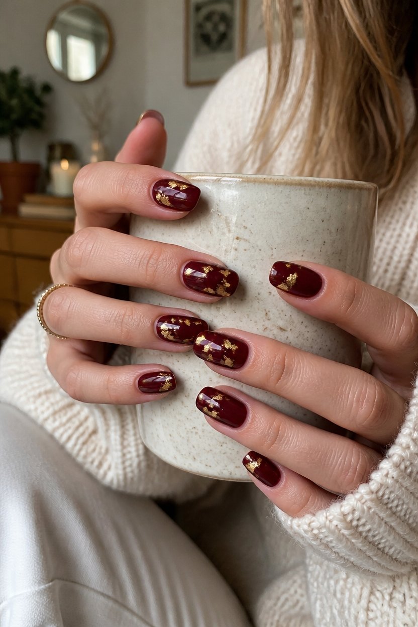 burgundy gold foil manicure