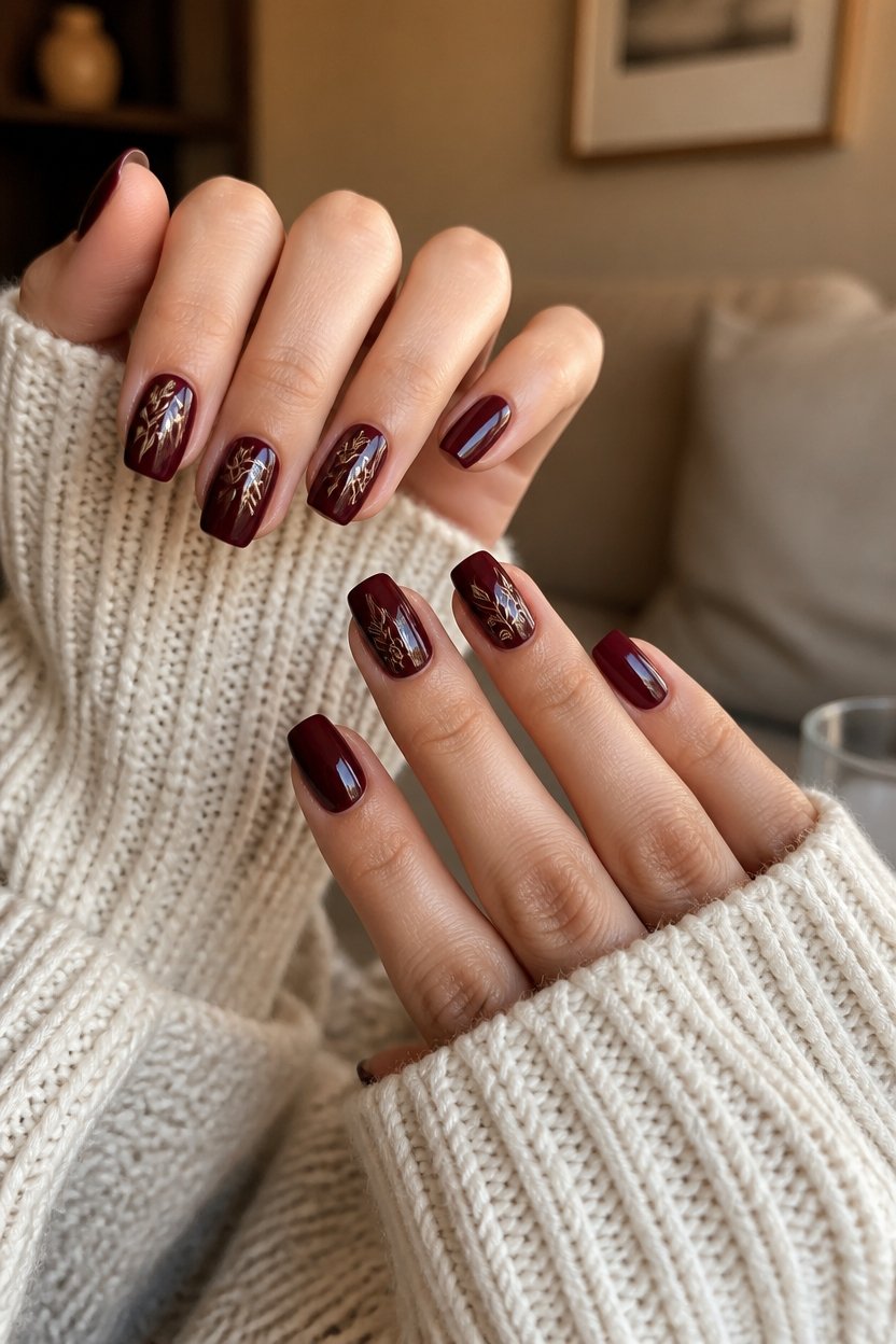 burgundy nails with leaf accents