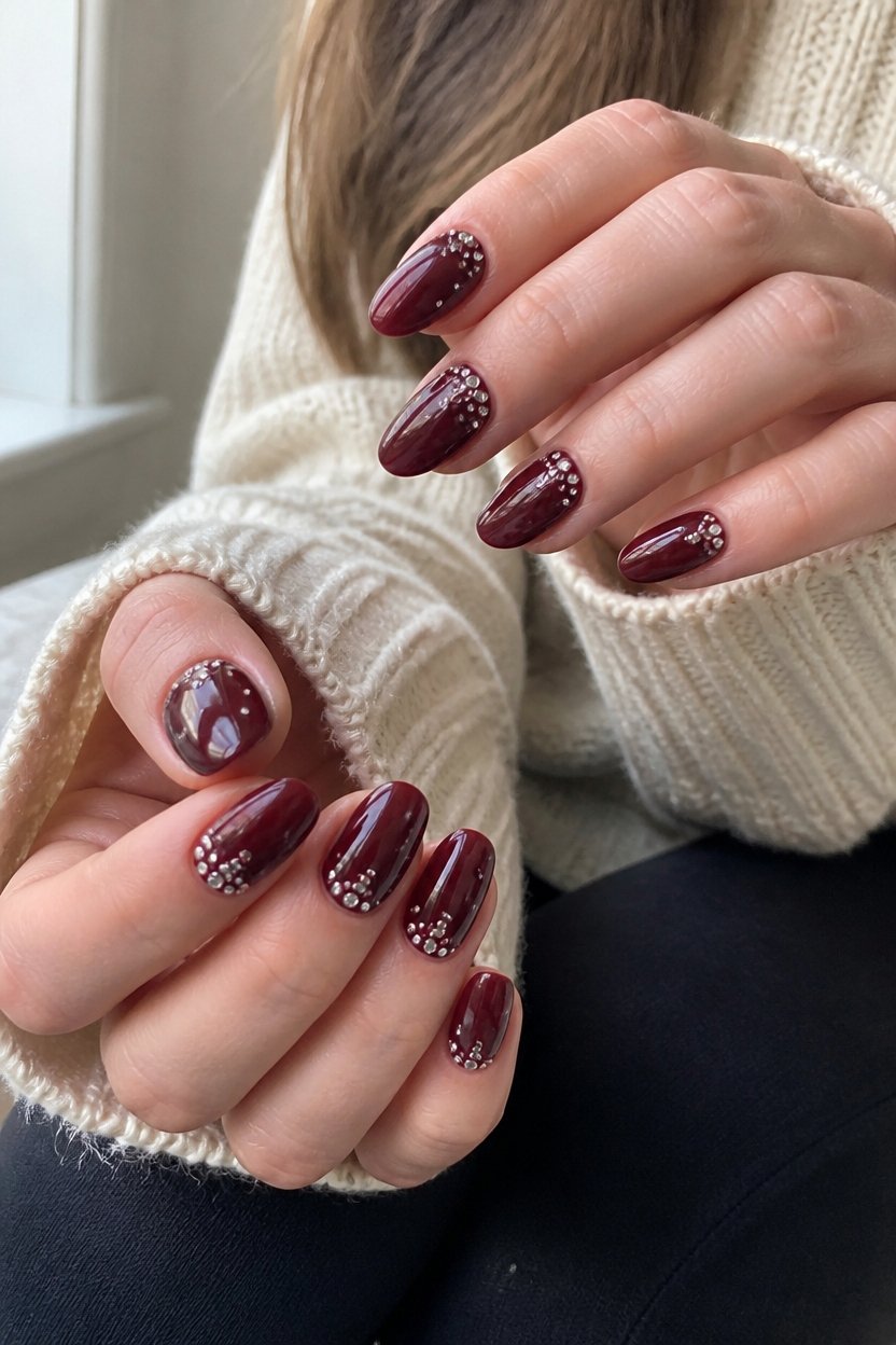 burgundy rhinestones nail art