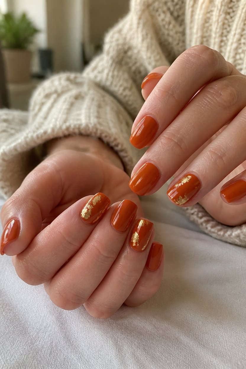 burnt orange gold leaf manicure