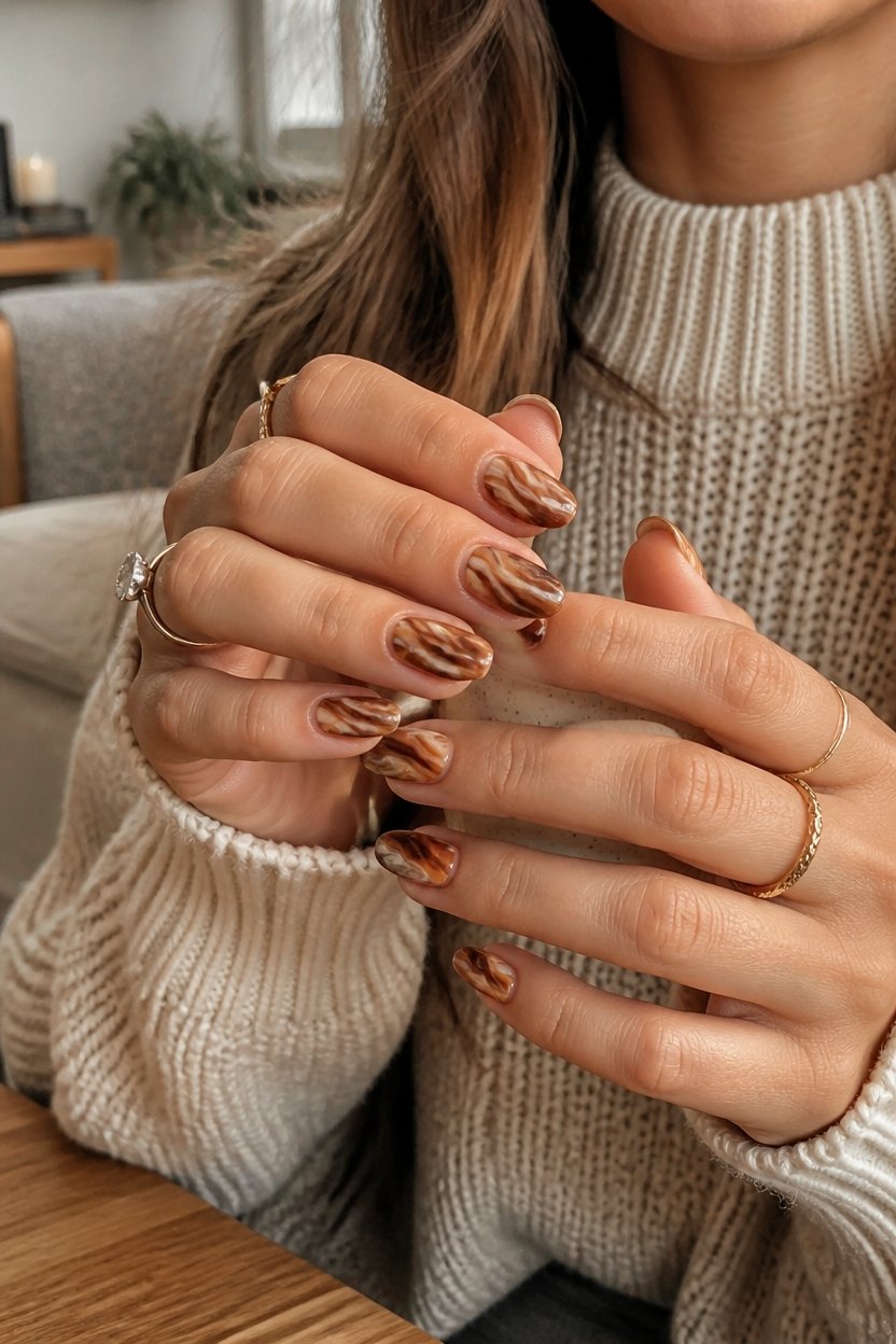 caramel chocolate marbled nails