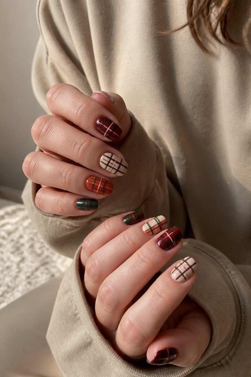 cozy fall plaid nails