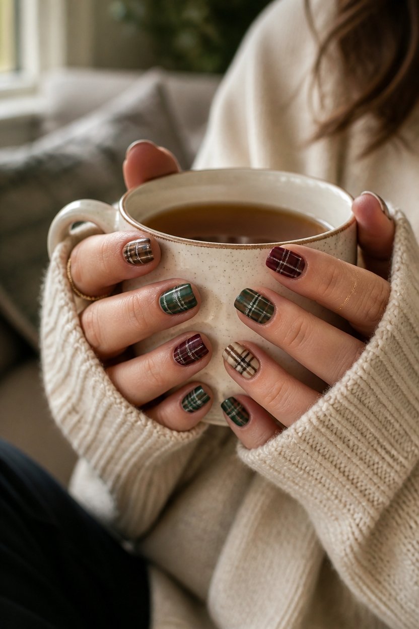 cozy plaid nail design