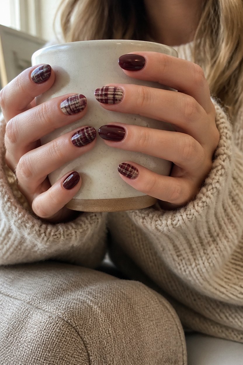 cozy wine toned plaid nails
