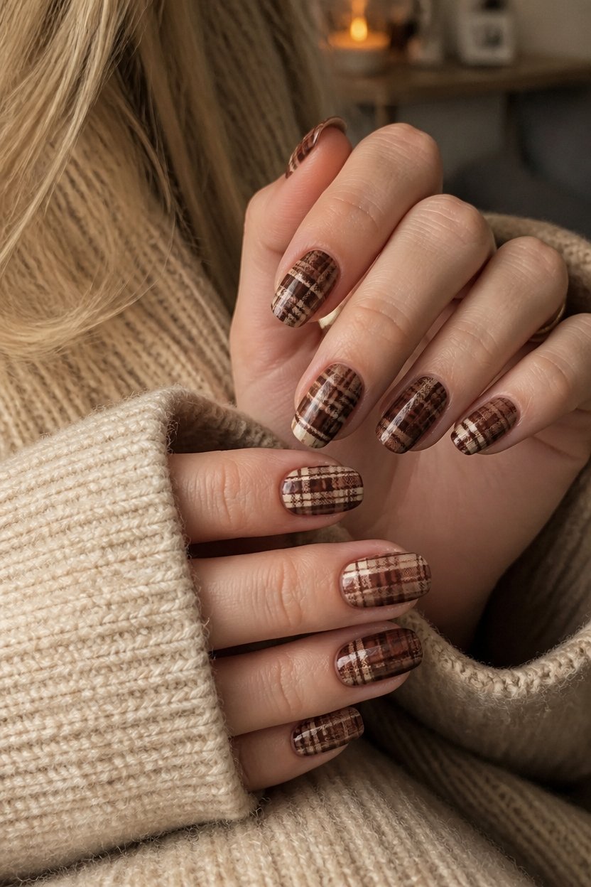 earthy plaid nail design