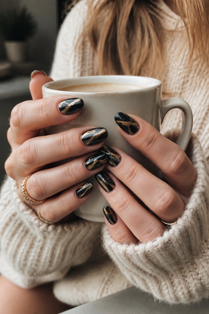 elegant black gold marbled nails