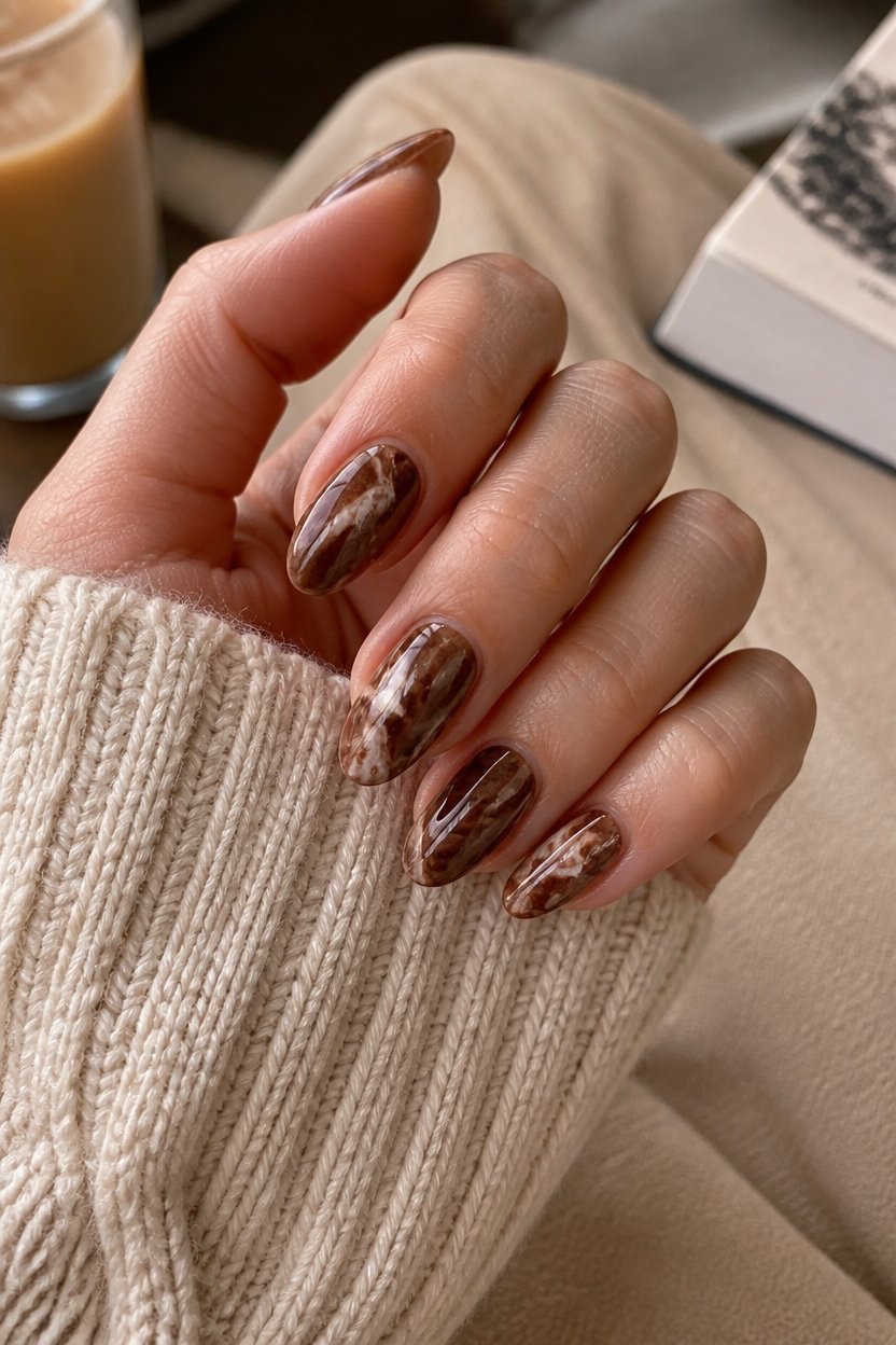 elegant chocolate marble nails