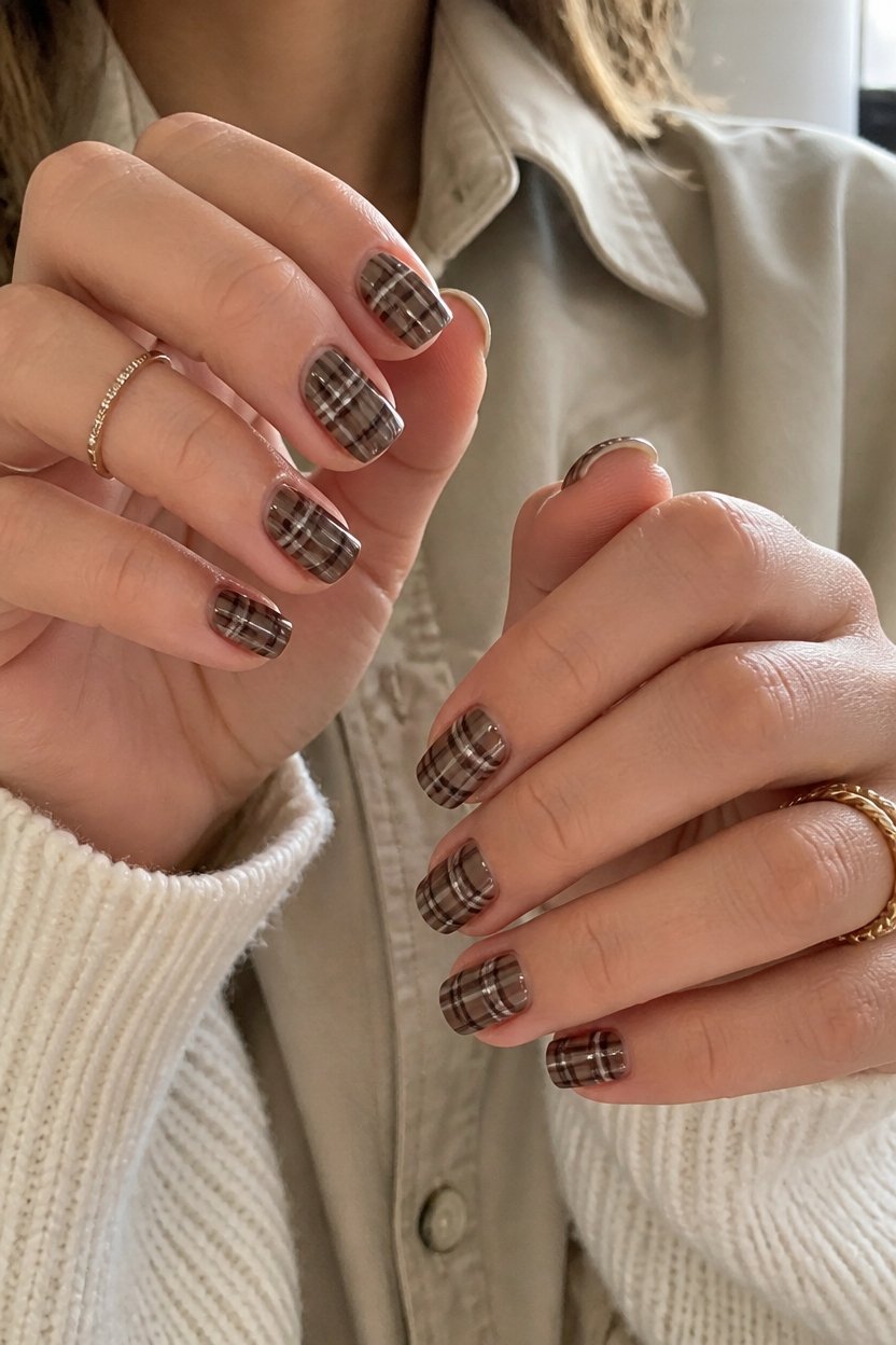 elegant chocolate plaid nails