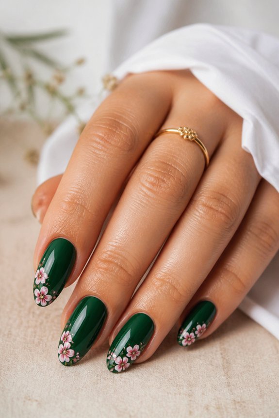 floral forest green nails