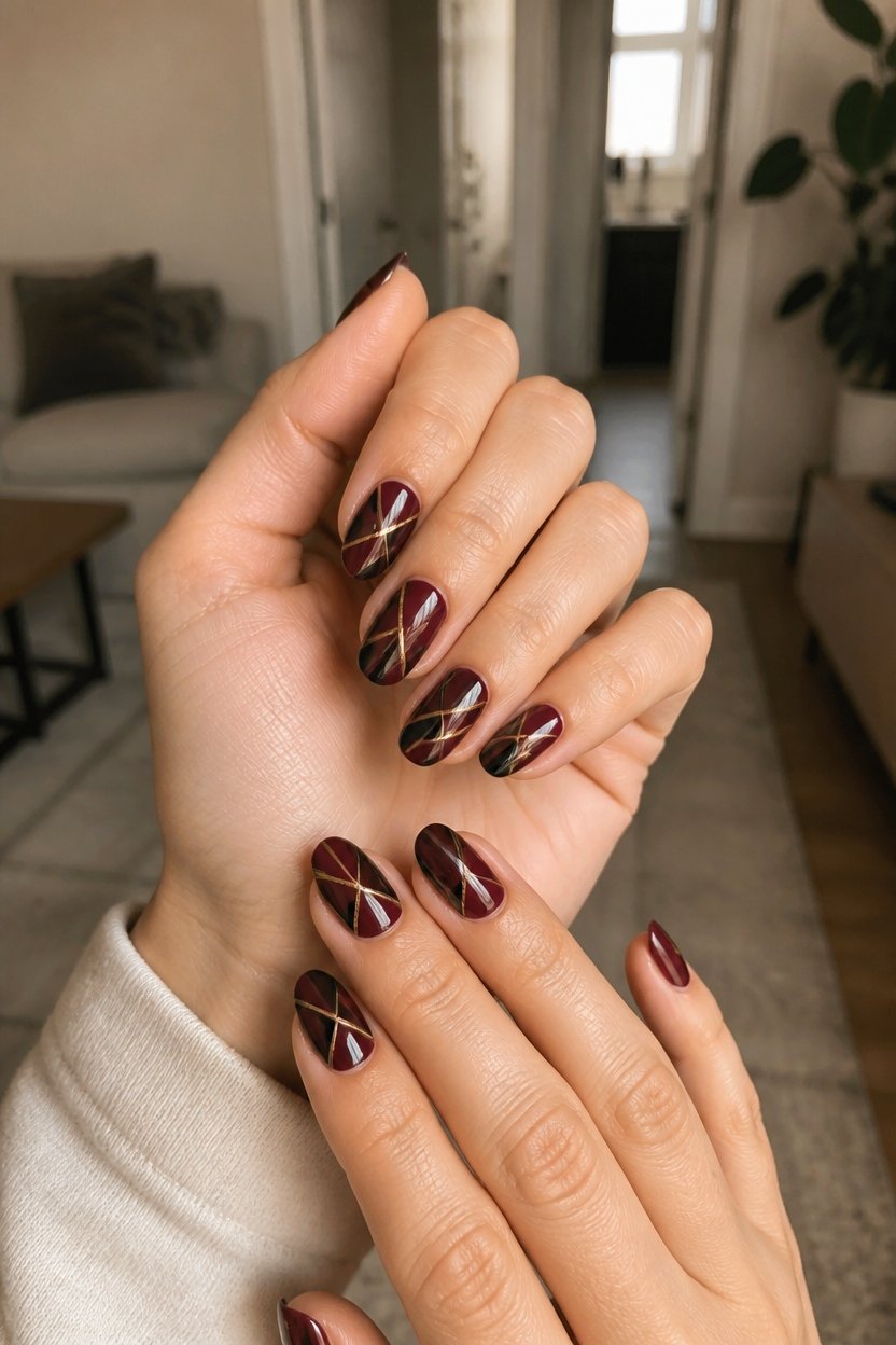 geometric burgundy nail design