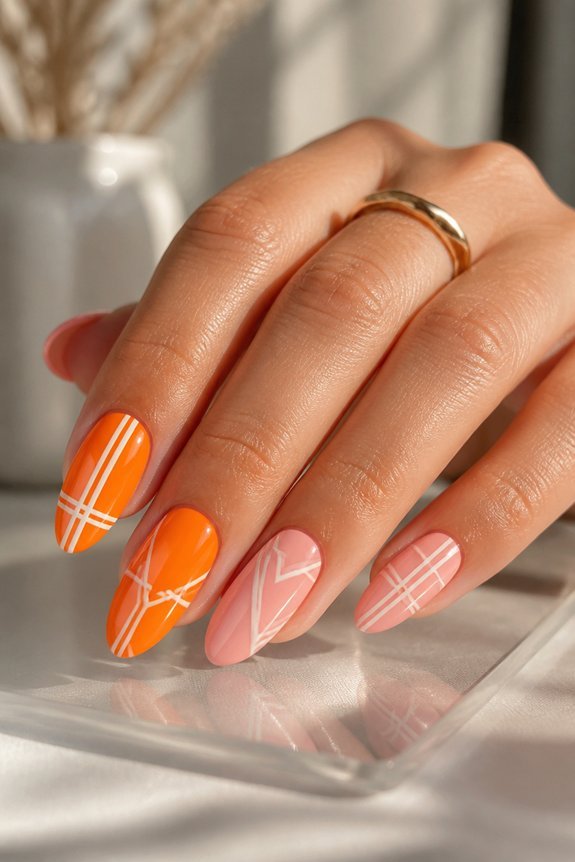 geometric orange pink nail art