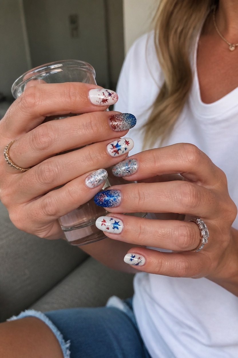 layered glitter patriotic manicure