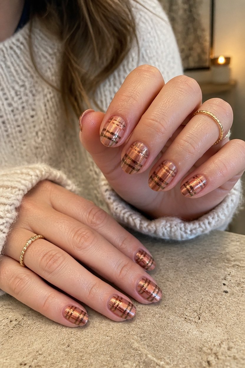 luxurious metallic plaid nails