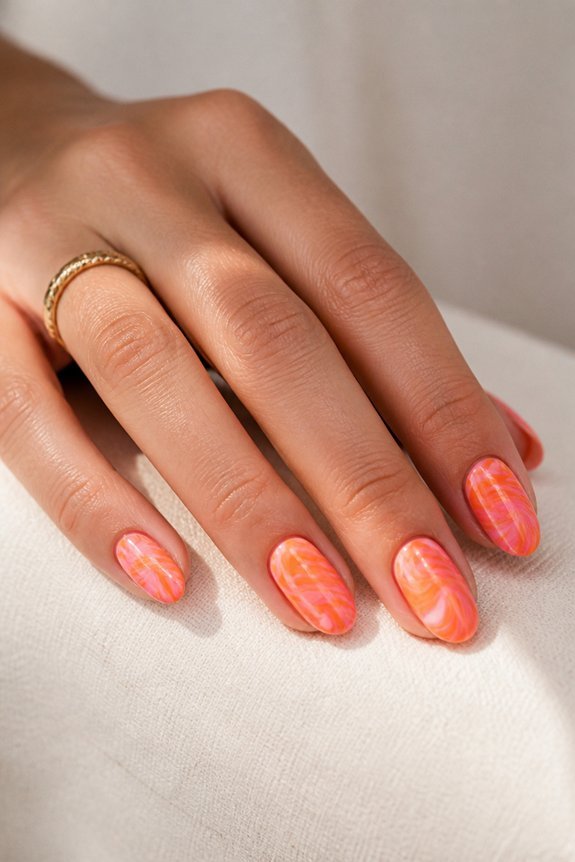 marbled orange pink nails