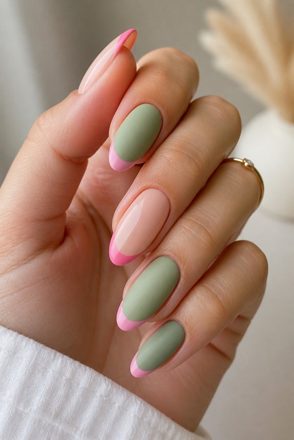 matte green glossy pink tips