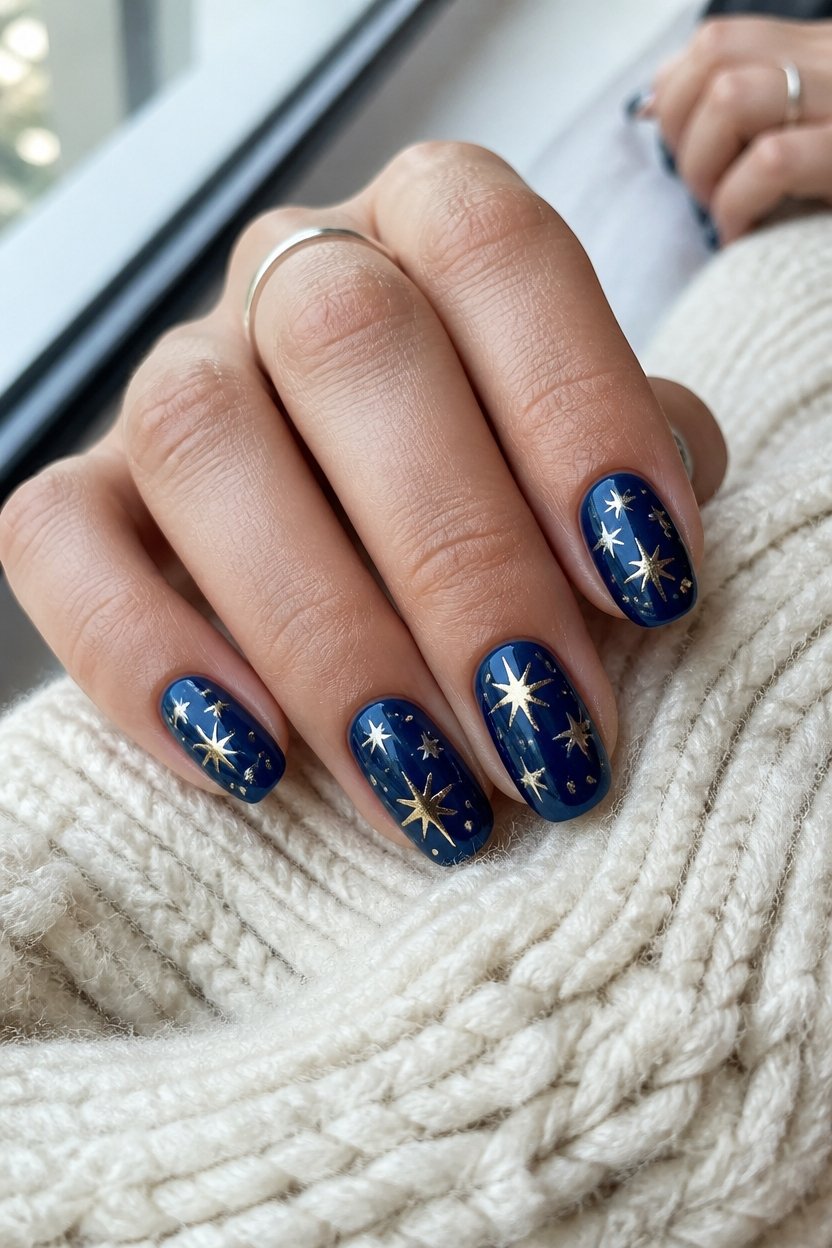 metallic navy star manicure