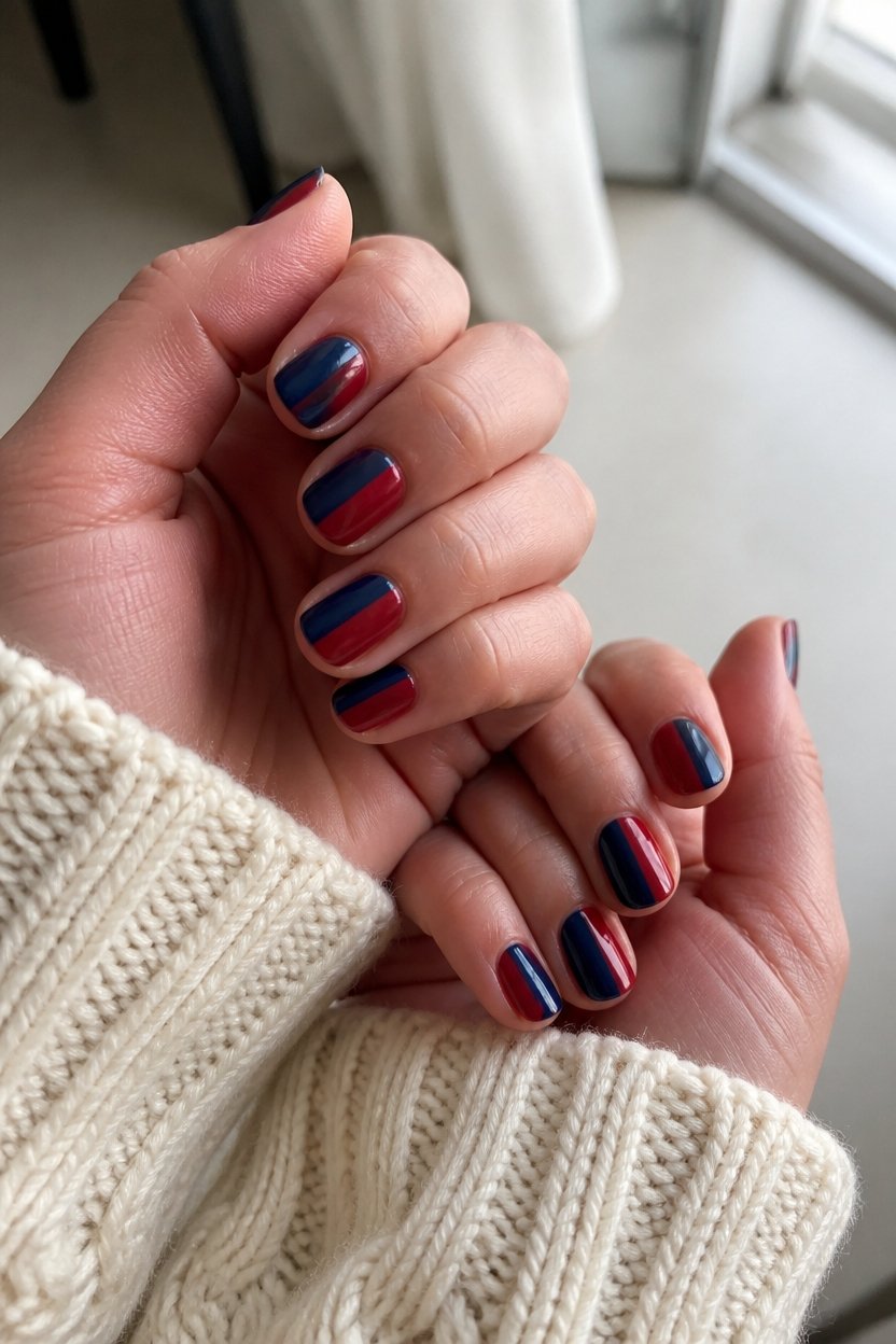 navy and cranberry color blocking