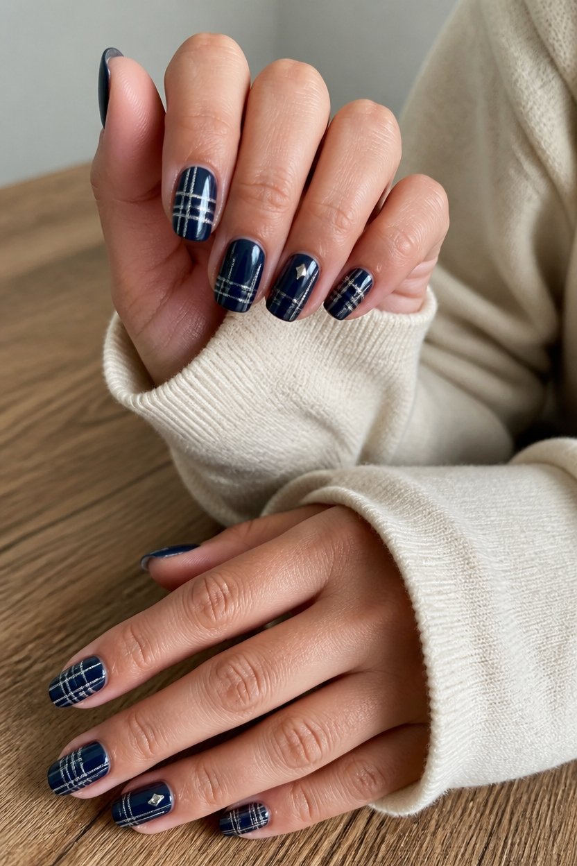navy plaid with silver accents