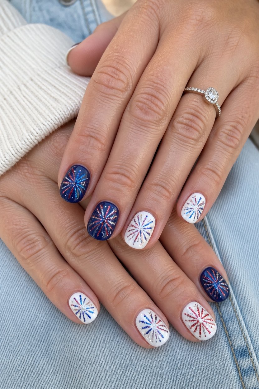 patriotic glitter fireworks manicure