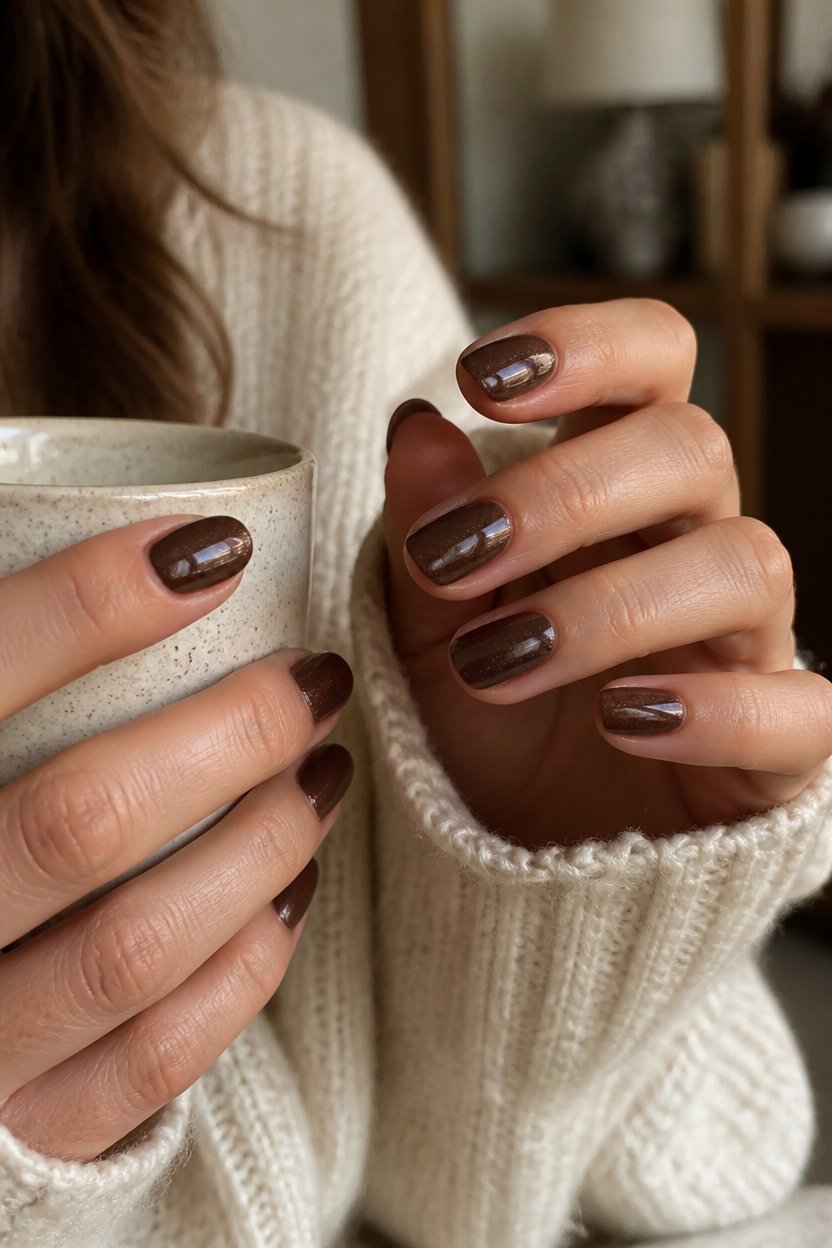 sophisticated brown shimmering manicure