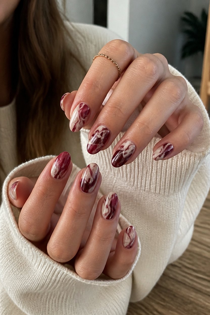 swirled burgundy and cream