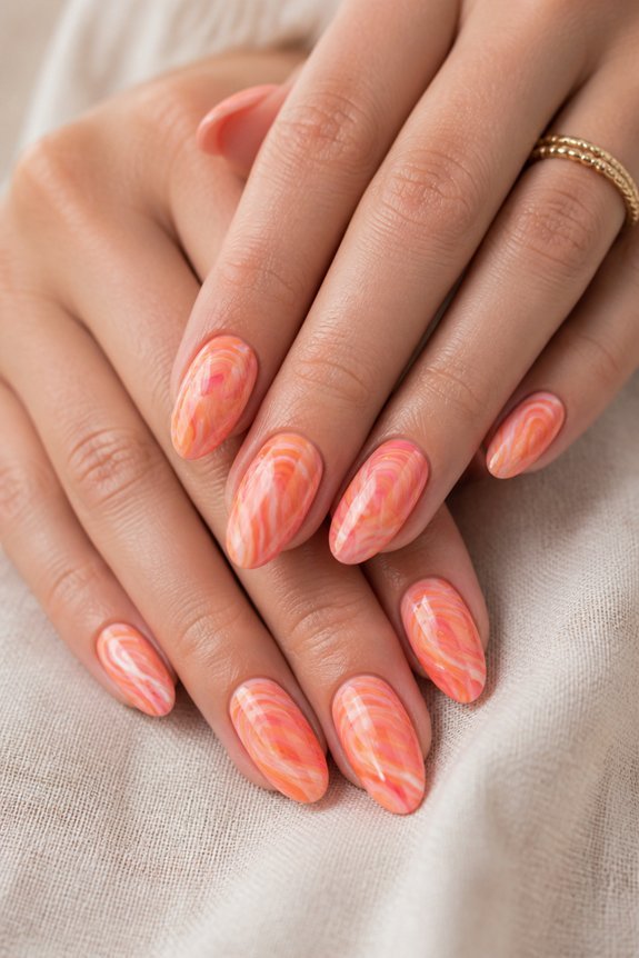 swirled orange pink marble nails