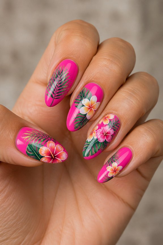 tropical florals and palm leaves