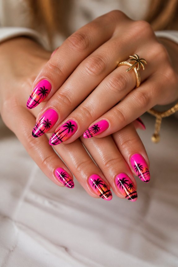 tropical neon pink nails