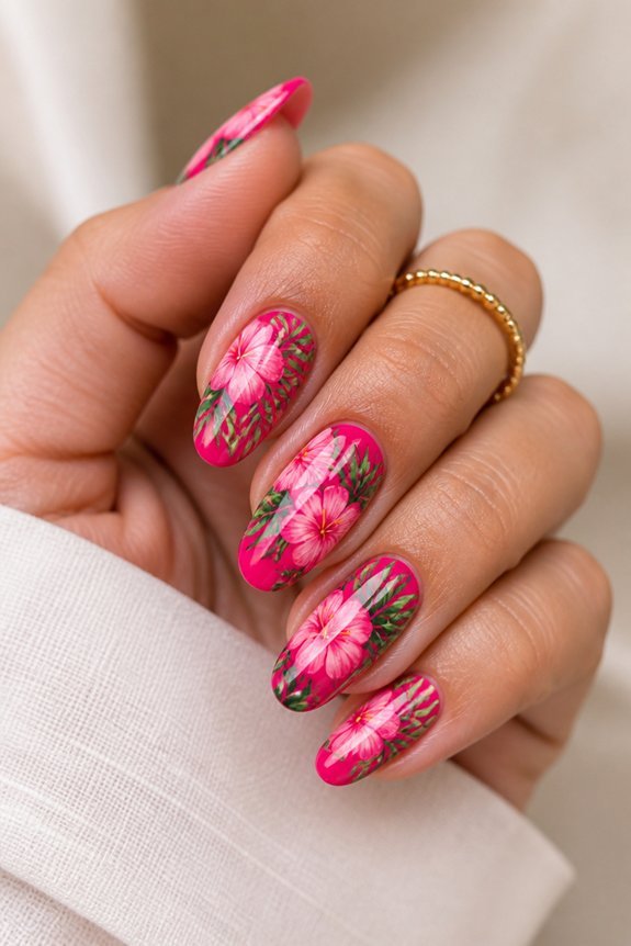 tropical pink floral nails