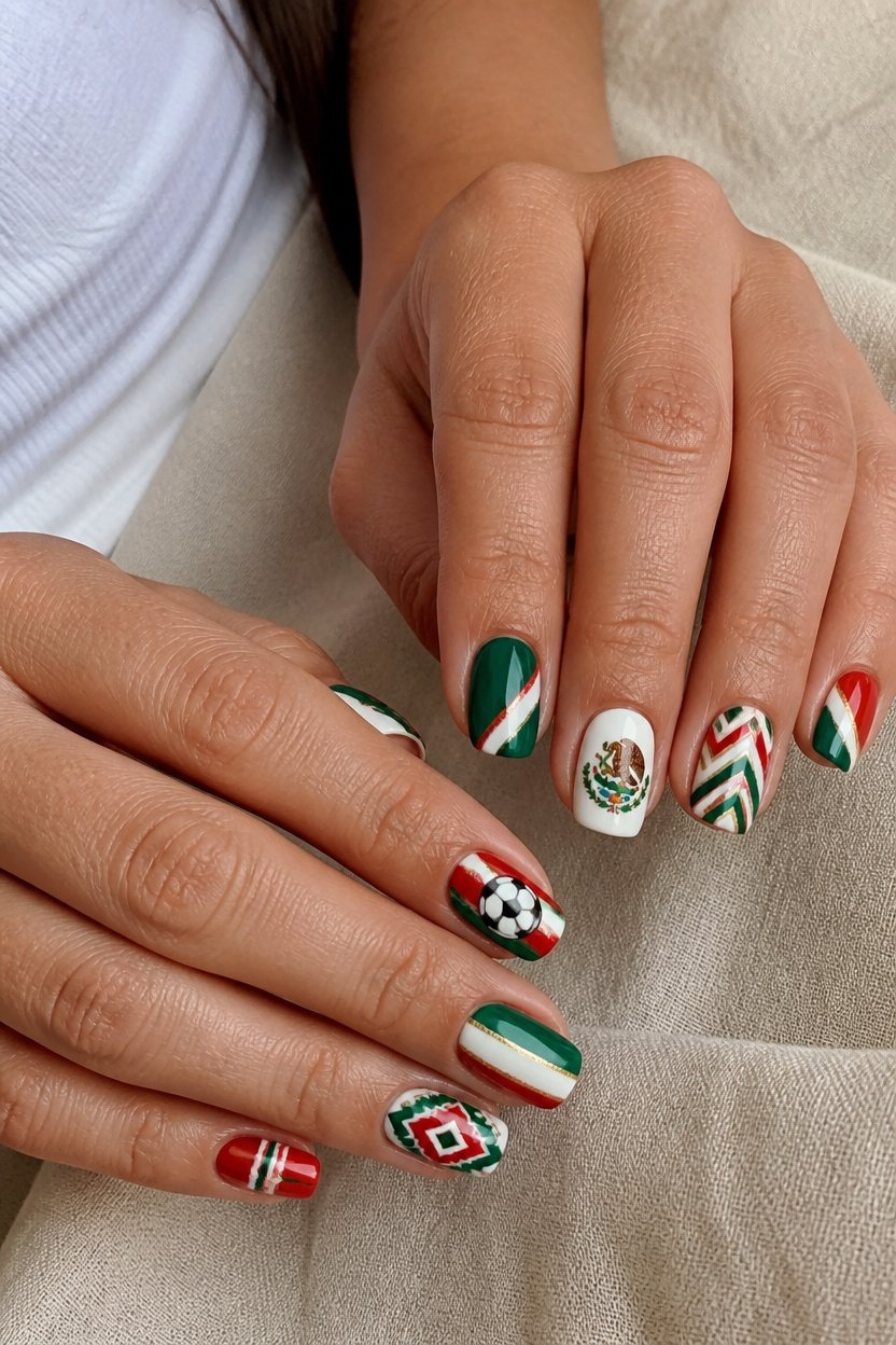 vibrant mexican flag nail art