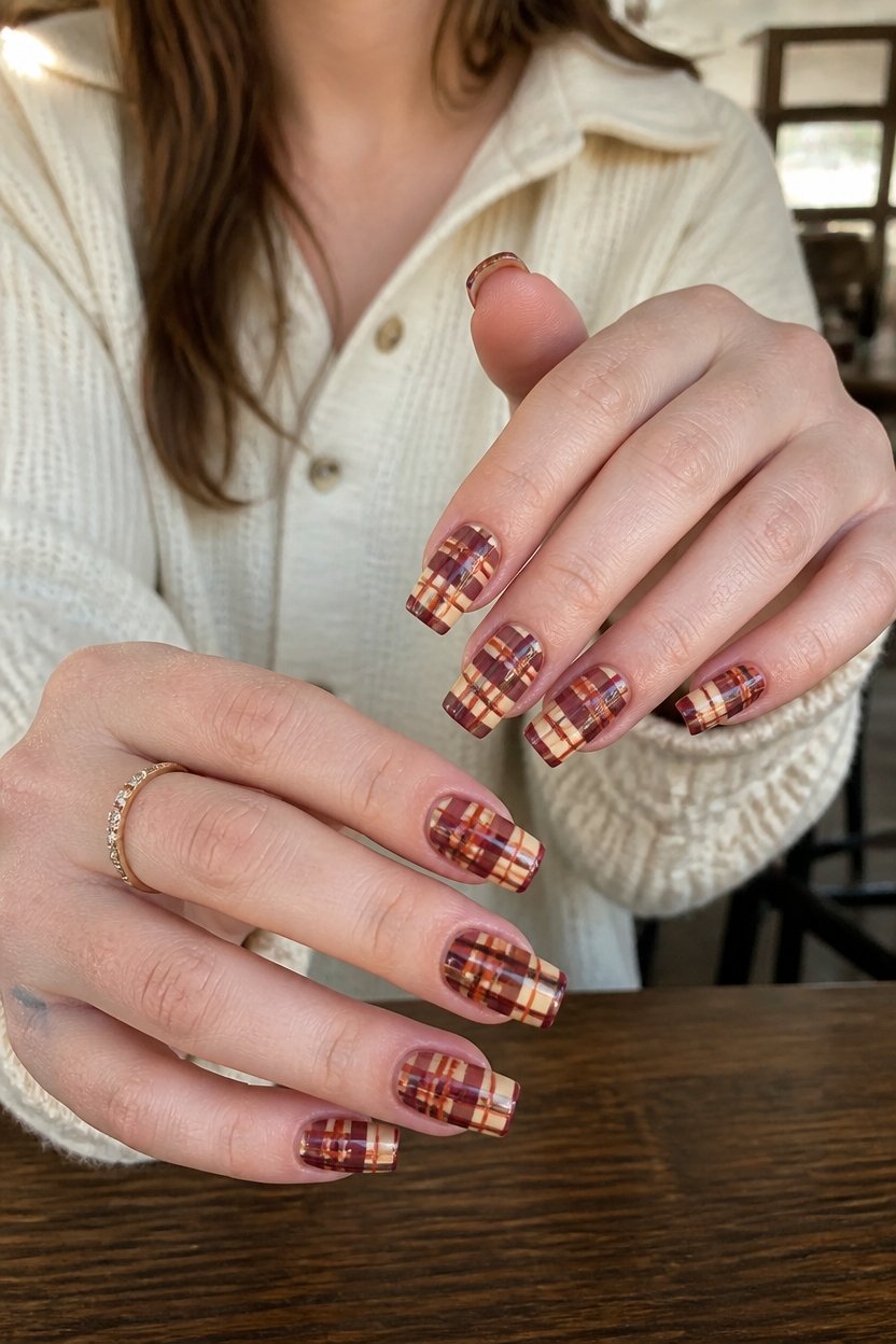 warm plaid autumn nails