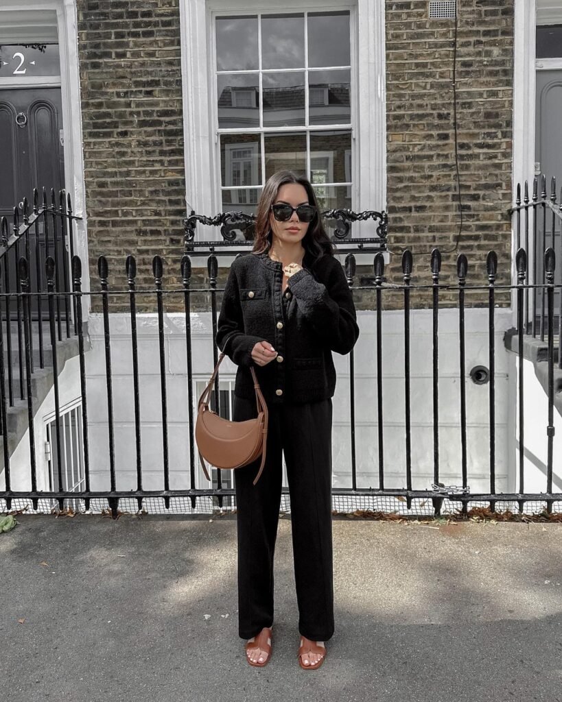 All-Black Knit Cardigan and Straight Trousers