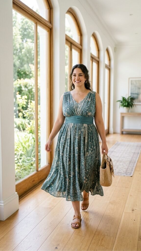 photo of a curvy woman in a flowing midi dress with a wide tonal belt sitting high under the bust, shot full length as she walks, set in a bright corridor with tall windows, with natural light streaming from one side, graceful and unhurried mood, and the skirt falling loose below the belt.