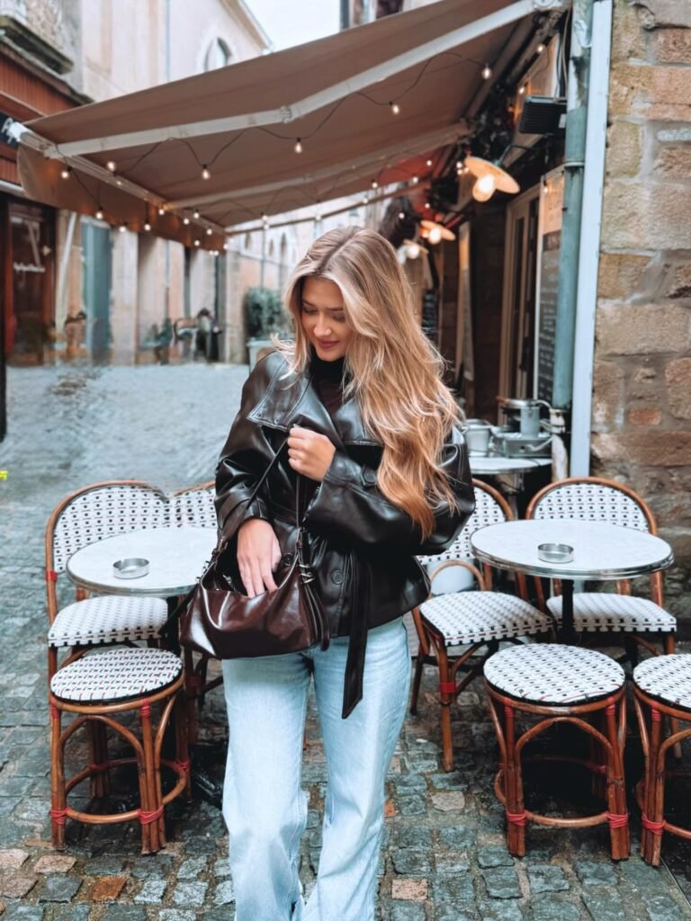 Belted Chocolate Leather Jacket With Pale Blue Jeans