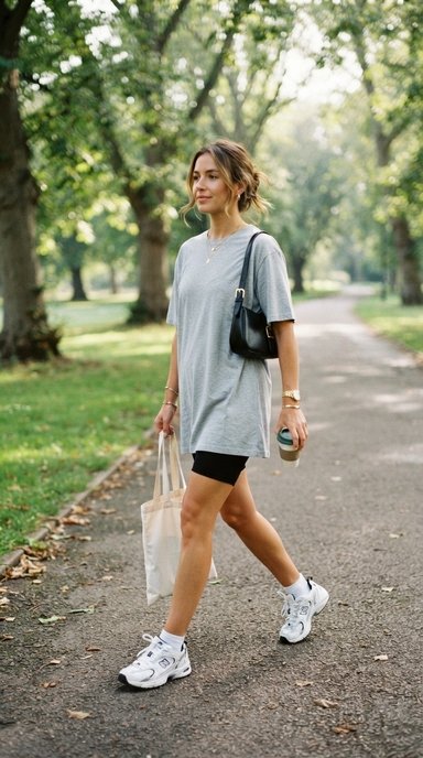 photo of a woman in plain matte black bike shorts under an oversized long grey tee that hits mid thigh, with a small structured shoulder bag and chunky sneakers, shot full length mid stride from a slight low angle, set on a park path with trees on either side, with soft morning light, unhurried mood, and just a few inches of the shorts visible below the tee. Clean, bright, natural, high detail, realistic lifestyle photography. 