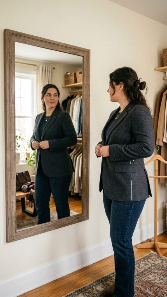 photo of a curvy woman buttoning a well fitted charcoal blazer in front of a full length mirror, shot at a slight angle to catch the reflection, set in a bright dressing area, with warm side lighting, composed and self assured mood, and a chalk marked tailoring pin just visible at the side seam.