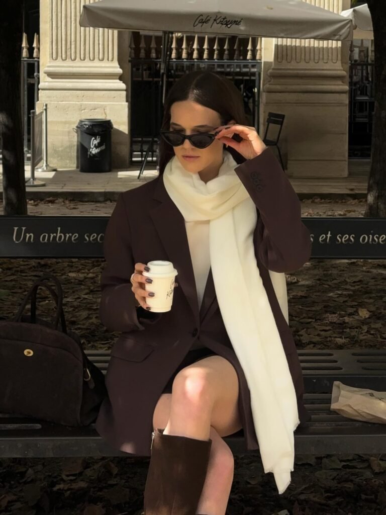Brown Blazer, Cream Scarf, and Knee-High Boots