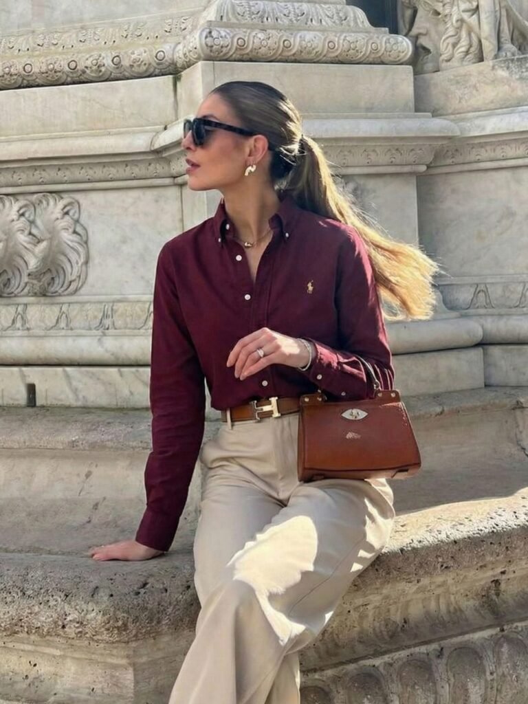 Burgundy Oxford Shirt With Stone Trousers_kimydiaz2
