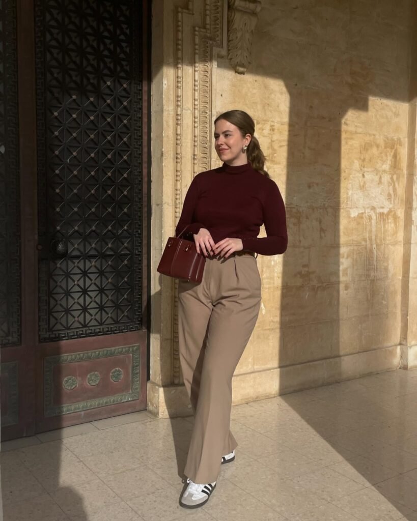 Burgundy Turtleneck, Camel Trousers, and Sambass_kriiiisr