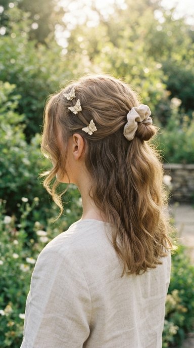 woman photographed from behind and slightly to the side, showing a loose half up hair twist held with a neutral fabric scrunchie and three matching butterfly clips placed along one side of the part, with a few soft face framing pieces left out, set outdoors against blurred summer greenery, with warm backlit sunlight through the hair, gentle mood, and clear detail on the clips.