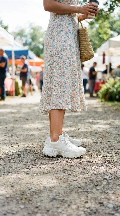 photo of a woman in a soft floral midi dress paired with heavy white chunky sole sneakers, shot from a low angle emphasizing the shoes against the light fabric hem, set on a gravel path at an outdoor market with stalls blurred behind, with bright clear daylight, unfussy mood, and the thick sole clearly visible from the side.
