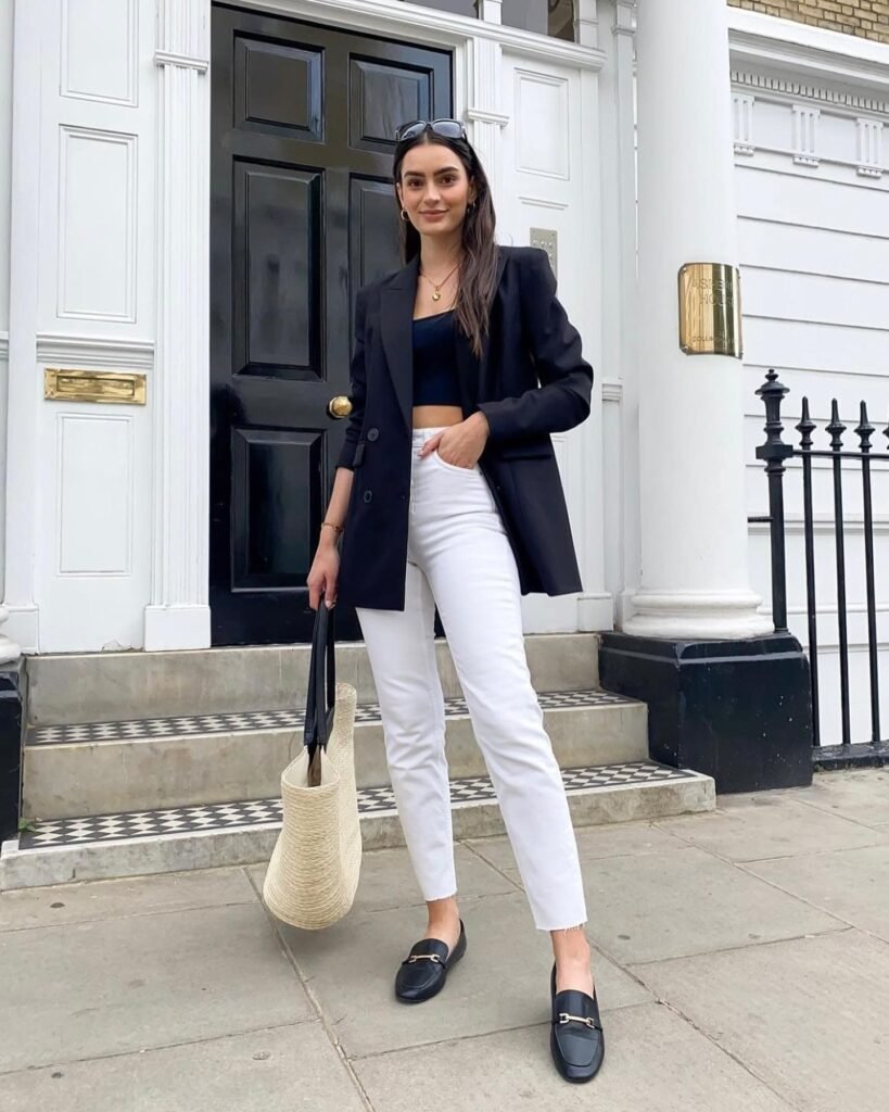 Contrast White Jeans With a Black Blazer and Loafers