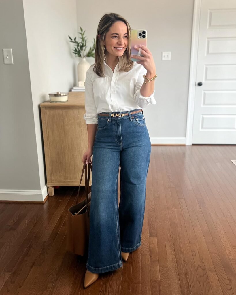 Crisp White Shirt Tucked Into Wide-Leg Jeans and Pointed Heels
